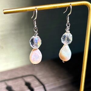 Handmade Vintage Crystal Glass AB and Freshwater Pearl Teardrop Dangle Earrings